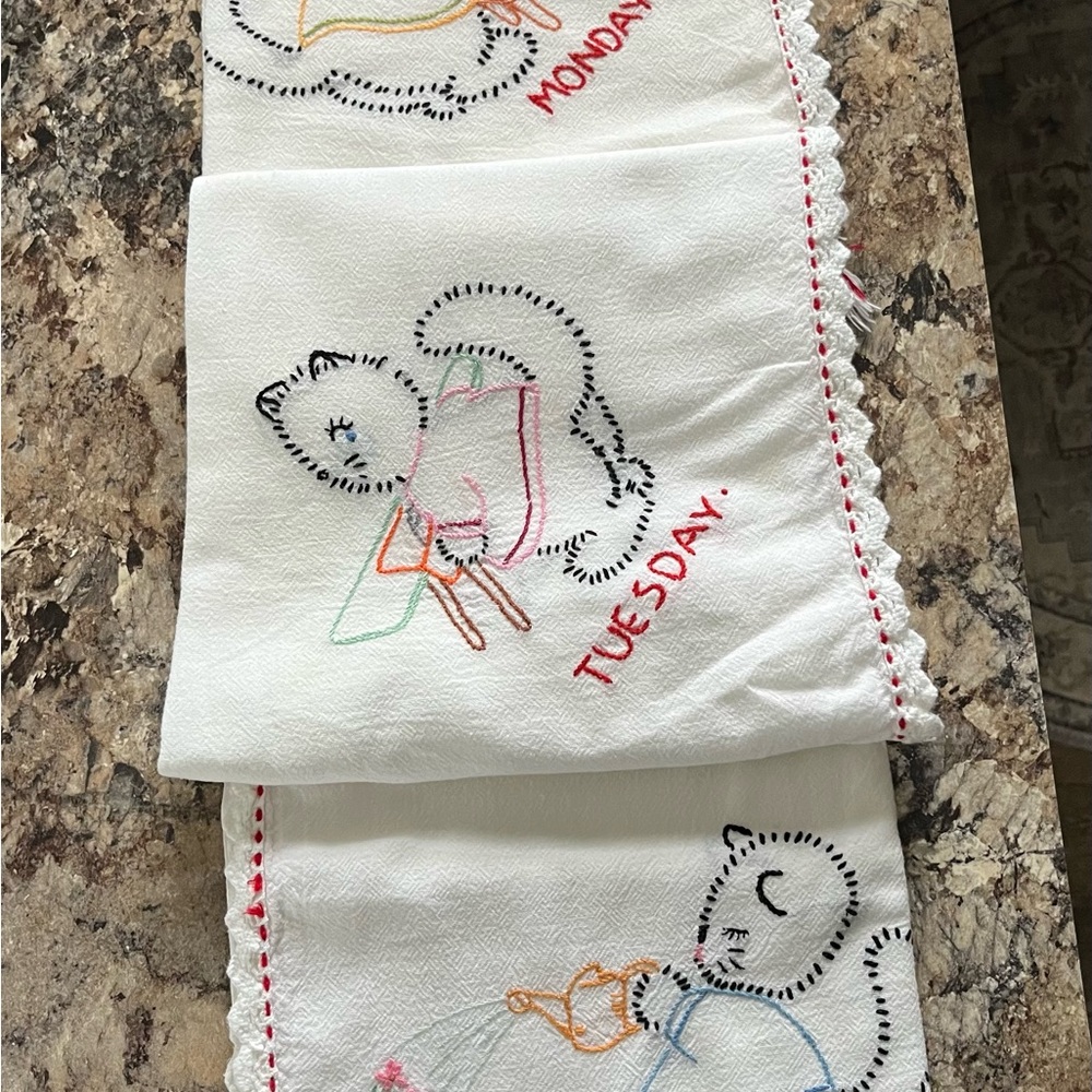 Vintage Heavy Cotton Embroidered Tea Towels Monday/Tuesday/Wednesday